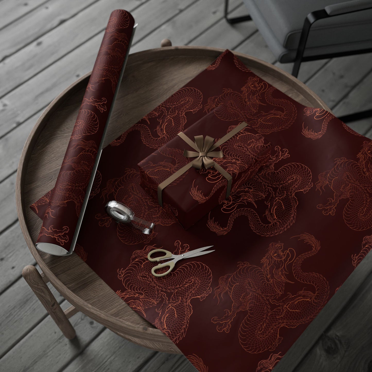 Burgundy Japanese Dragon Tattoo Christmas Wrapping Paper