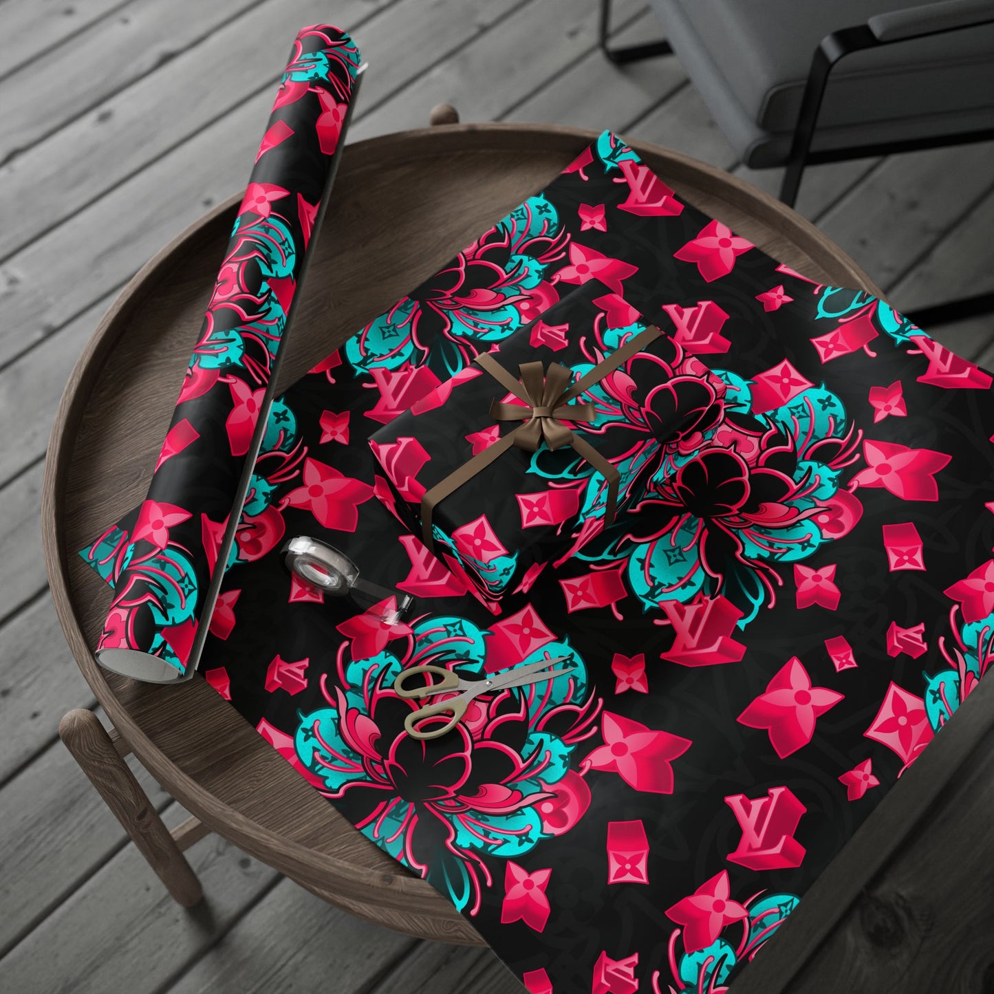 LV Neon Geometric Peony Christmas Wrapping Paper