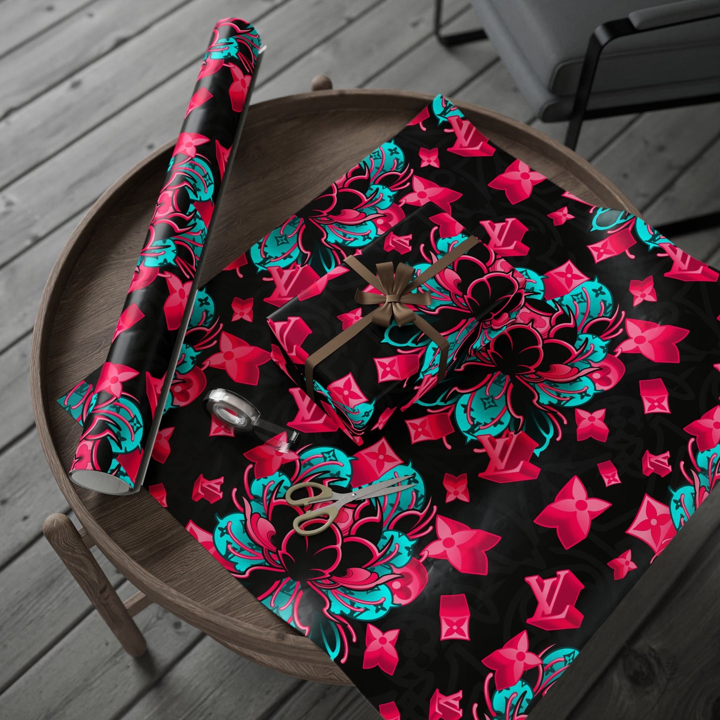 LV Neon Geometric Peony Christmas Wrapping Paper